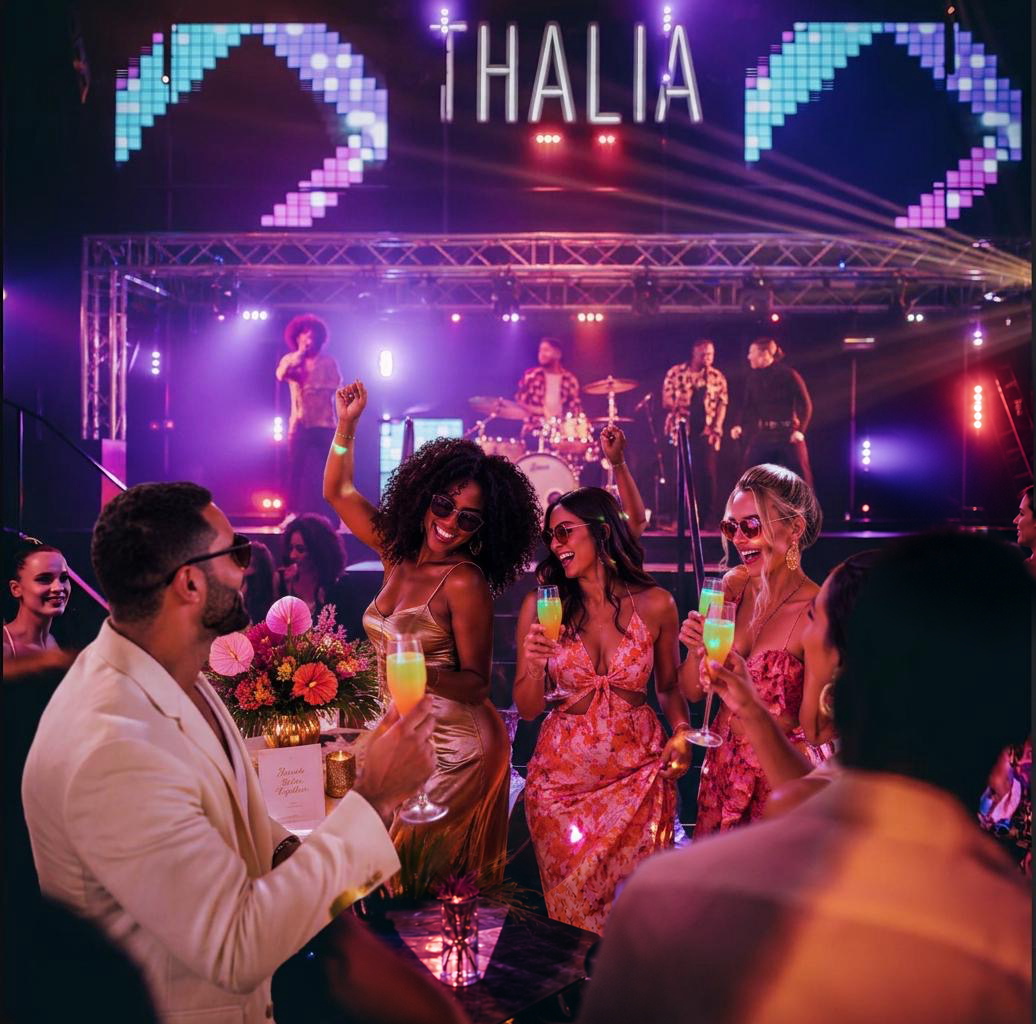 Guests toasting with mimosas at Dushi Brunch, with a live band on stage at Villa Thalia